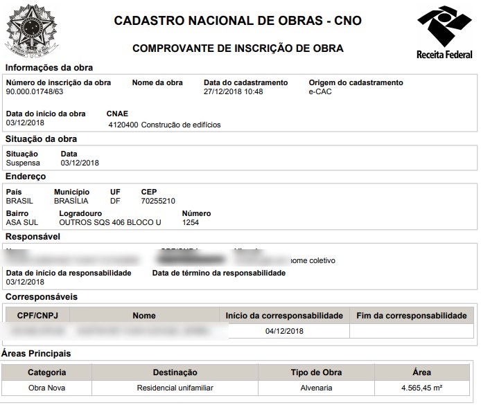 Comprovante do CNO com dados ilegíveis